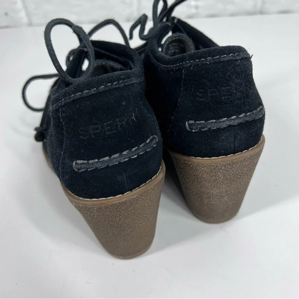 Sperry Stella Black Suede lace up wedge bootie